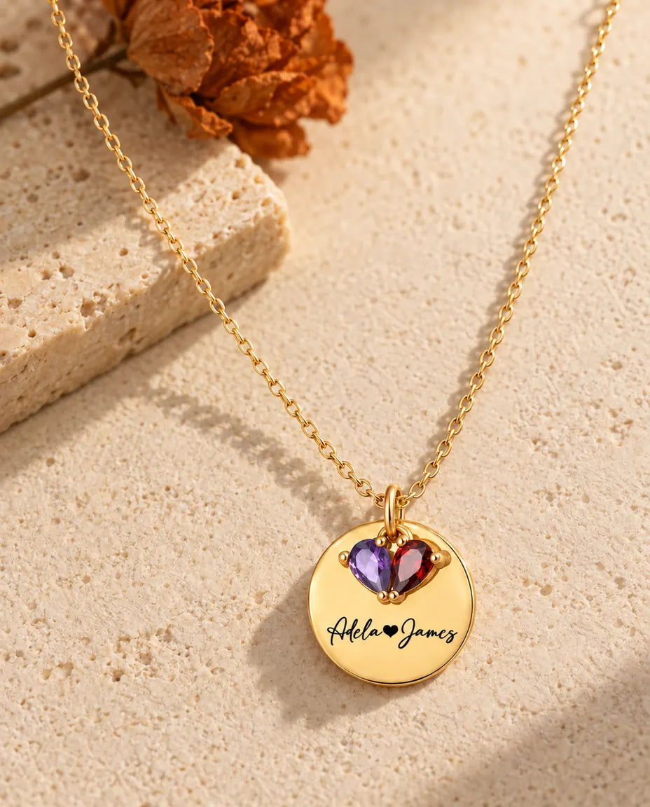 Personalized Birthstone Necklace With 2 Names - Engraved Gold Disc Pendant With Two Simulated Birthstones