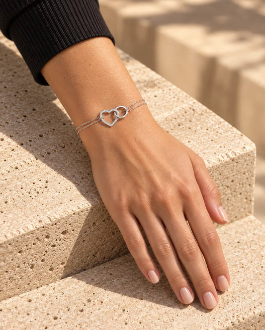 Personalized Interlocking Heart Bracelet - worn on a model