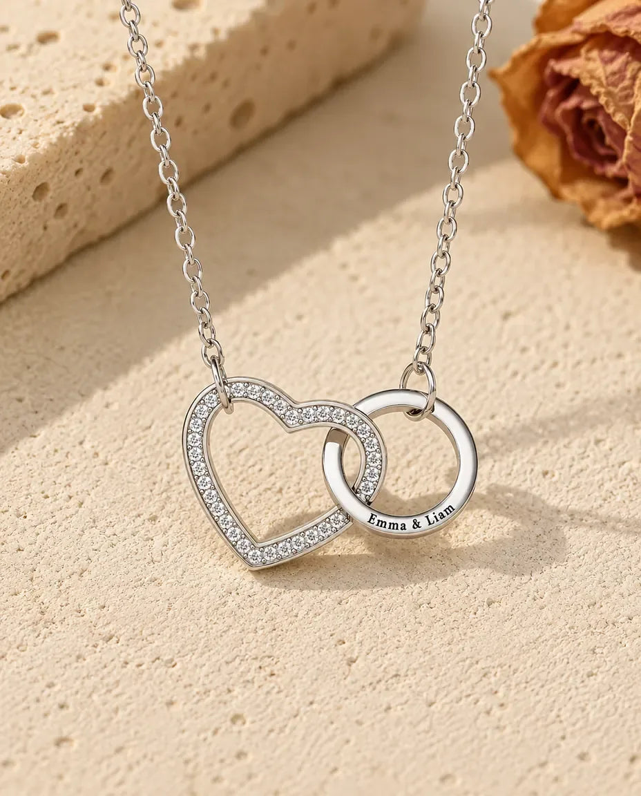 Interlocking Heart Necklace - front view in silver