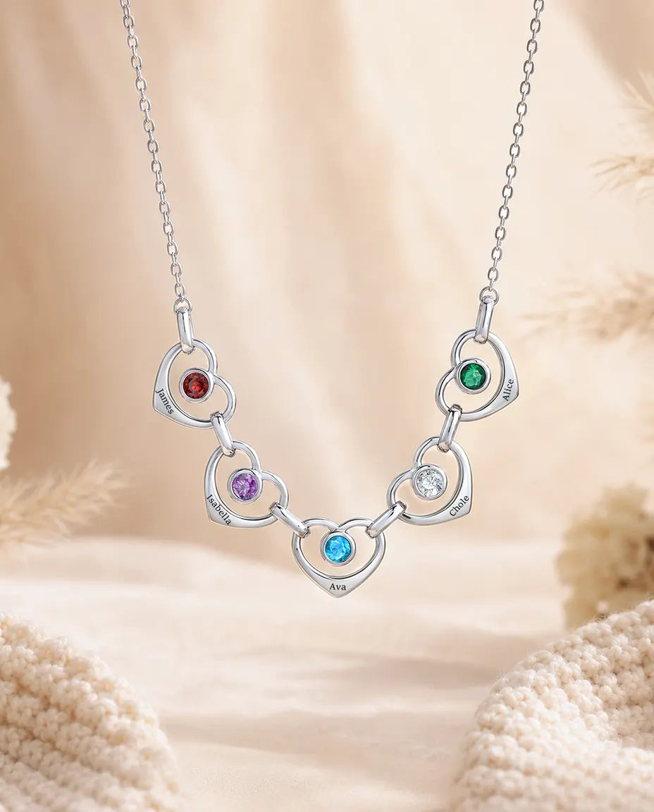 Personalized Family Birthstone Necklace With 1-6 Names - Linked Hearts With Simulated Birthstones, Silver