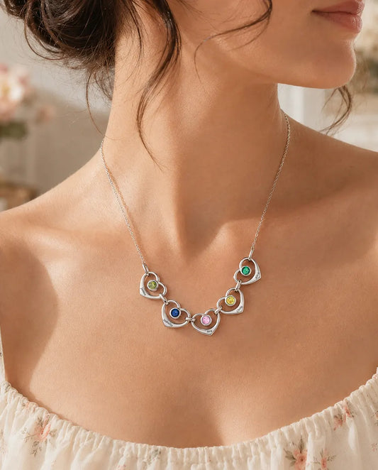 Personalized Family Birthstone Necklace With 1-6 Names - Linked Hearts With Simulated Birthstones, Silver