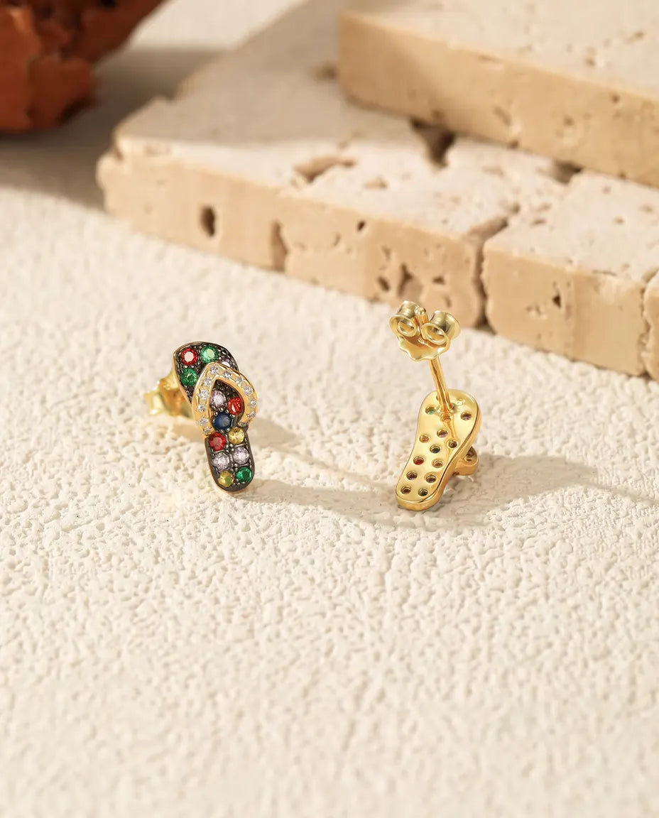Flip Flop Stud Earrings - Multicolor Stone Sandals in 18K Gold Plated 925 Sterling Silver, Beach Jewelry