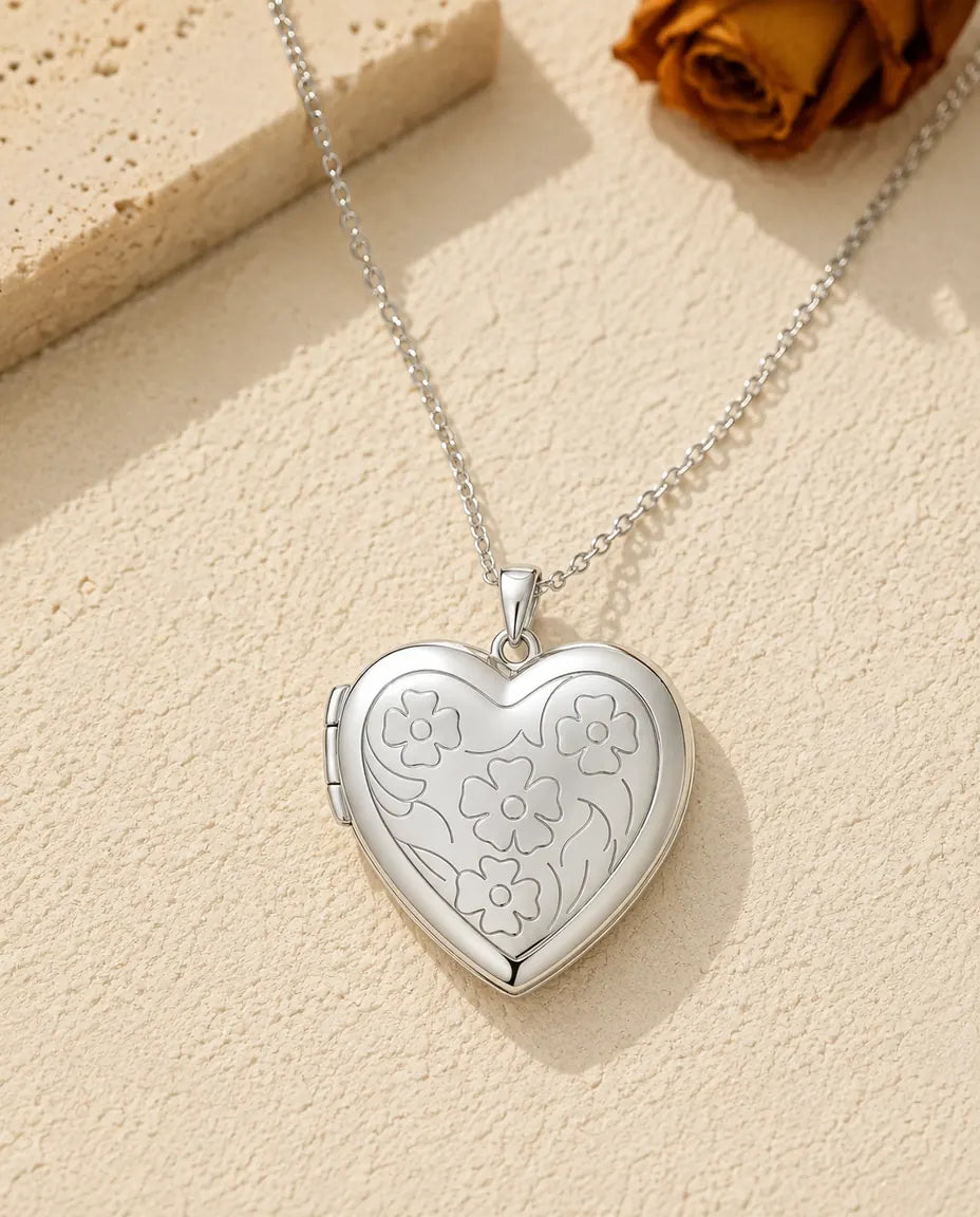 Personalized Photo Locket Necklace That Holds 2 Pictures - Floral Carved Heart Locket With Mother of Pearl Back, Silver or Gold