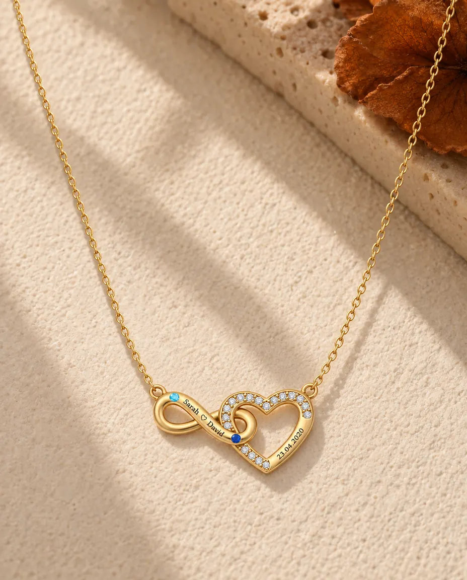 Personalized Birthstone Necklace With 2 Names And Date - Gold Infinity Heart With Two Simulated Birthstones