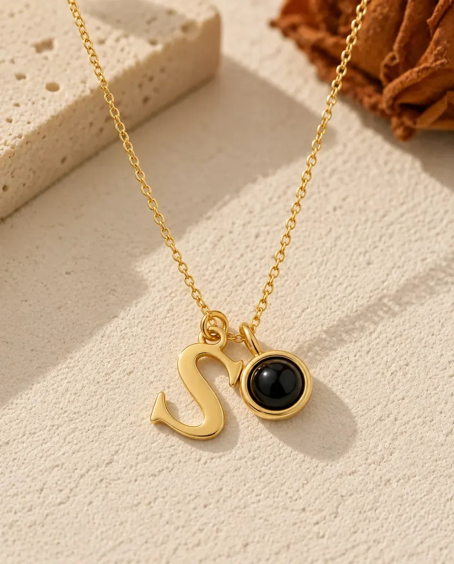 Personalized Initial Photo Projection Necklace in Gold - front view in silver