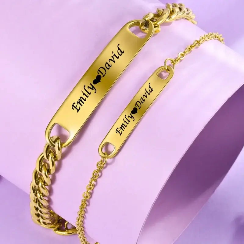 Gold Matching Bracelets for Couples – Engraved Bar His and Her Set, Stainless Steel, 2 Pieces, Personalized Anniversary Gift