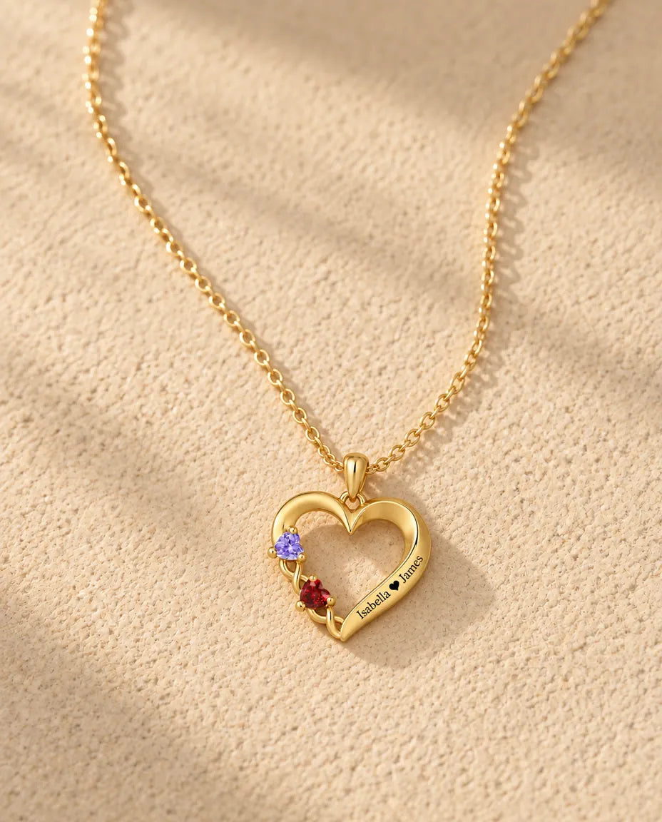 Personalized Birthstone Necklace With 2 Names - Gold Open Heart Pendant With Two Heart Simulated Birthstones