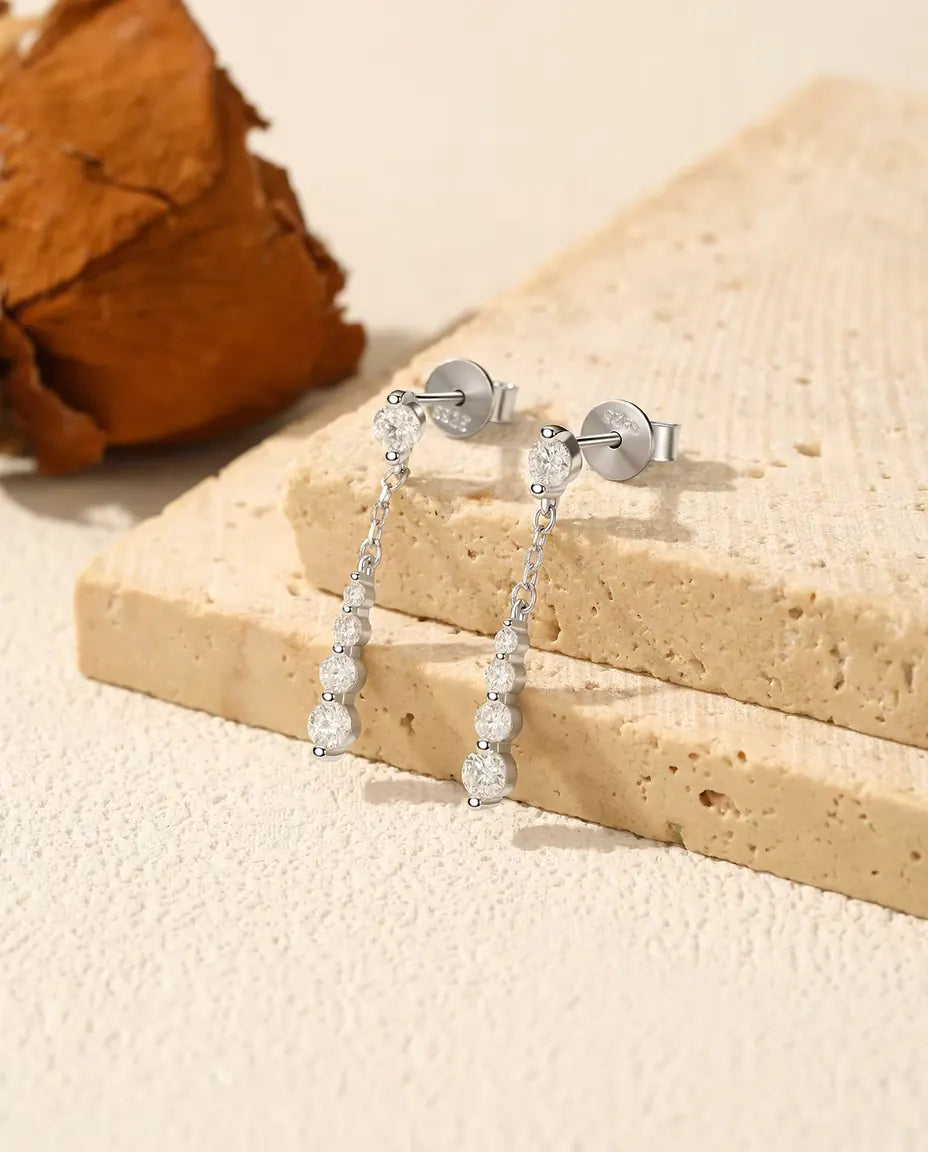 Graduated Moissanite Chain Drop Earrings - Ten D Color Stones on a Fine Chain in 925 Sterling Silver, 24 mm