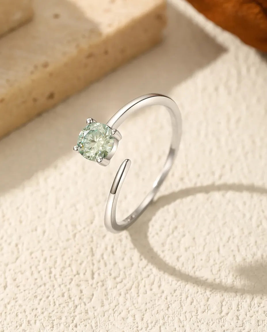 0.5ct round green moissanite adjustable open band solitaire ring in 925 sterling silver