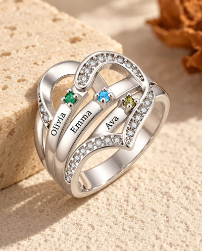 Personalized Heart Birthstone Ring With 3-4 Names and Inside Engraving - Family Ring With Engraved Names and Simulated Birthstones, Silver