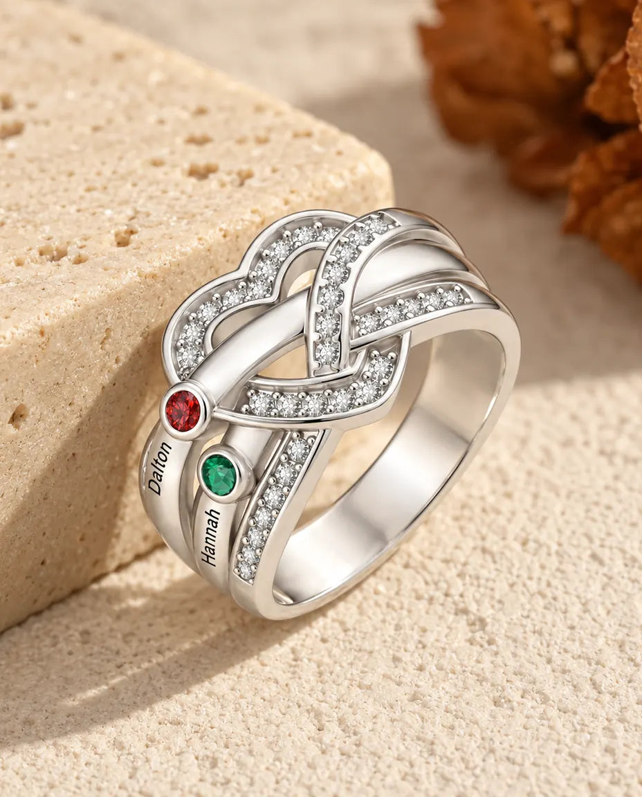 Personalized Heart Knot Birthstone Ring With 2-6 Names - Family Ring With Engraved Names and Simulated Birthstones, Silver