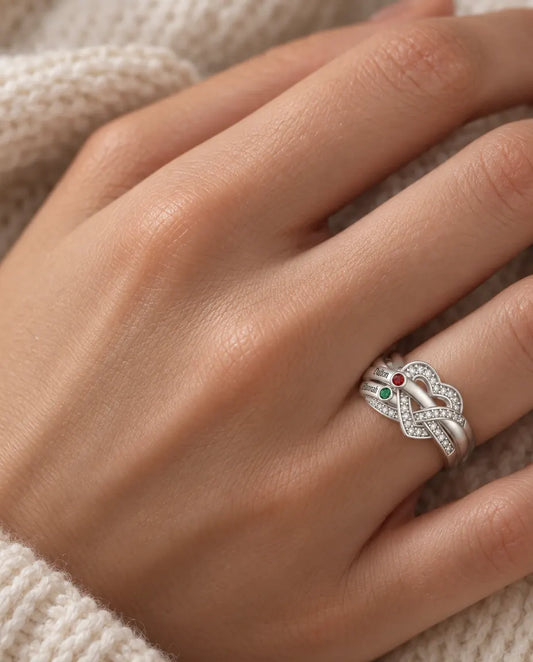 Personalized Heart Knot Birthstone Ring With 2-6 Names - Family Ring With Engraved Names and Simulated Birthstones, Silver