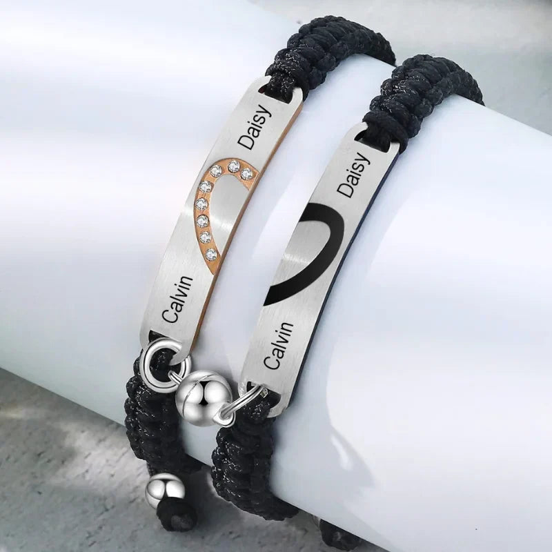 Matching Bracelets for Couples – Heart Magnetic Name Bracelets, Stainless Steel, 2 Pieces, Personalized His and Hers Anniversary Gift