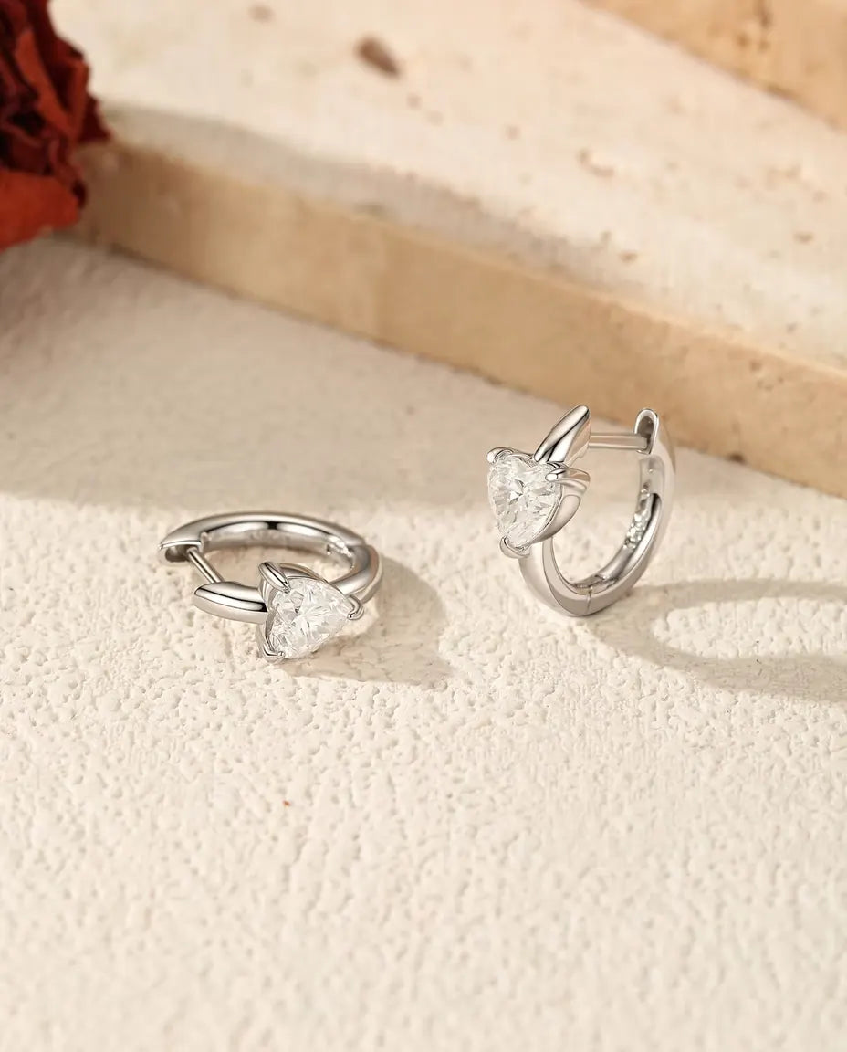 Heart Moissanite Huggie Earrings - 0.50 ct D Color Hearts, 12 mm Hinged Hoops, 925 Sterling Silver, 2.30 g Pair