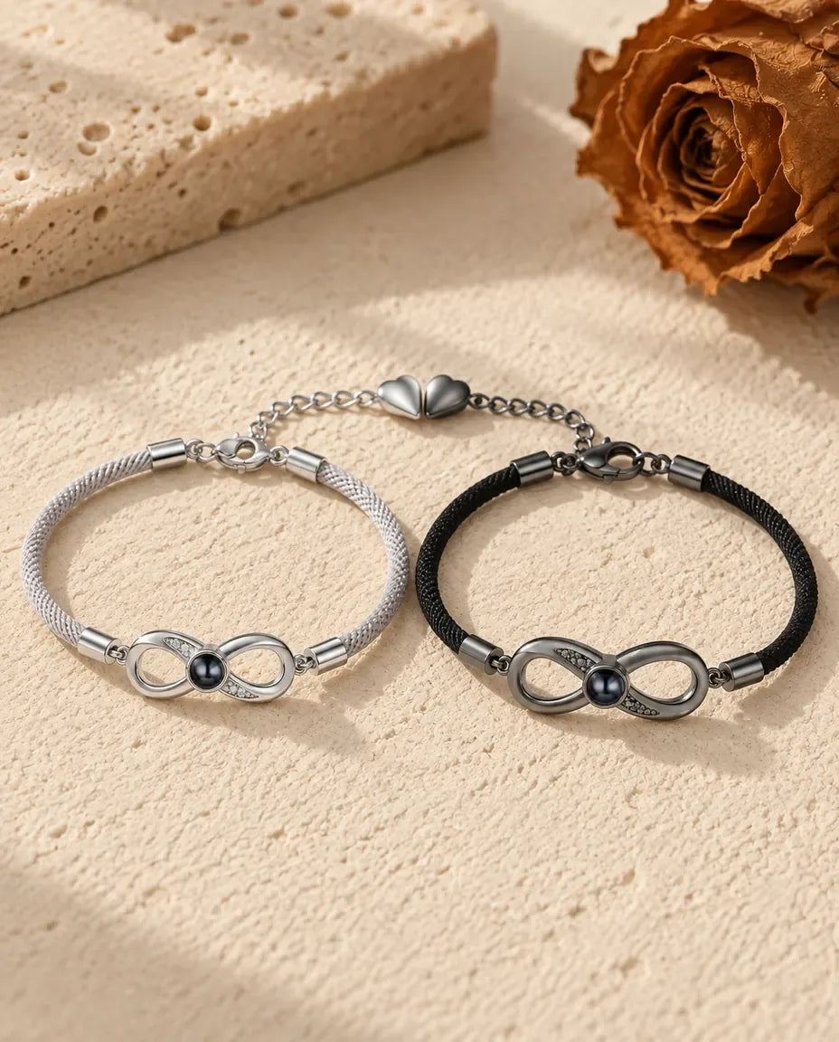 Photo Projection Couple Bracelet - matching pair laid flat