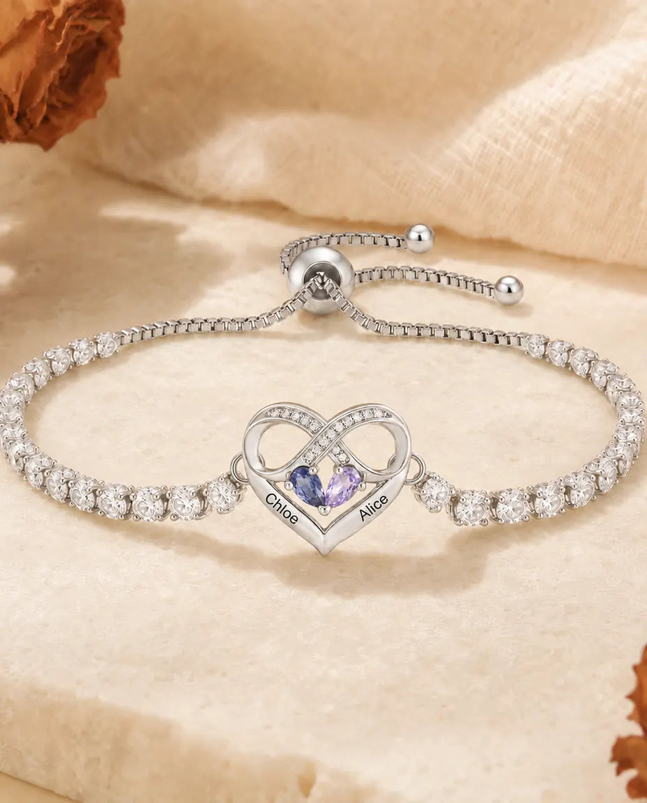 Personalized Birthstone Bracelet With 2 Names - Infinity Heart Tennis Bracelet With Two Simulated Birthstones, Adjustable