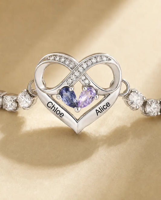 Personalized Birthstone Bracelet With 2 Names - Infinity Heart Tennis Bracelet With Two Simulated Birthstones, Adjustable