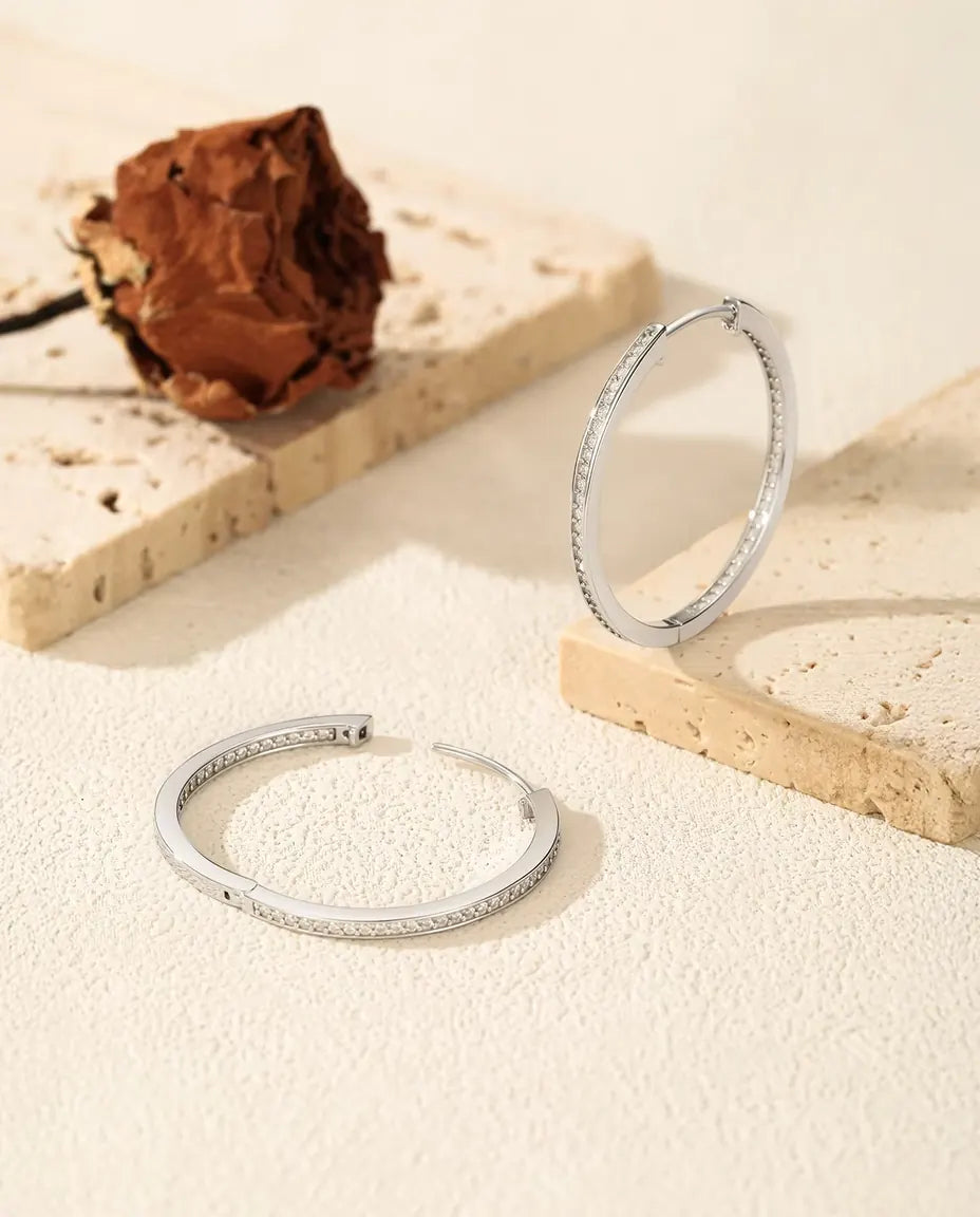 Inside Out Moissanite Hoop Earrings - 32 mm Large Hinged Pave Hoops, 0.88 ct Total D Color, 925 Sterling Silver