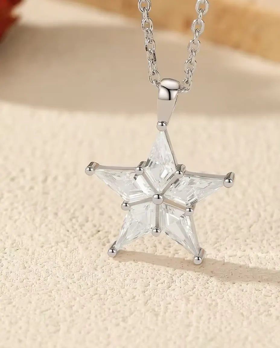 Star Pendant Necklace - Kite Cut Zirconia Five Point Star, 18 mm, on a 40 + 5 cm 925 Sterling Silver Chain