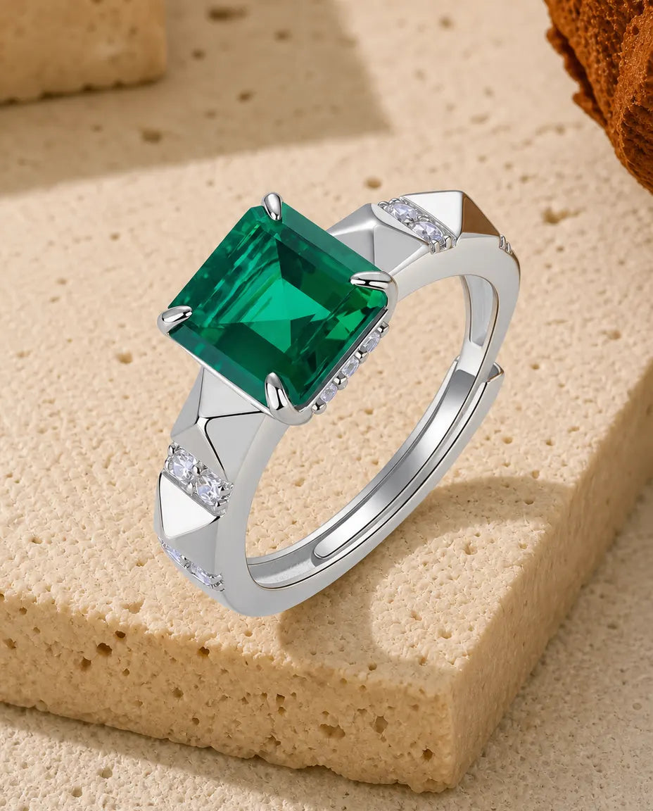 Lab emerald princess square statement adjustable ring in sterling silver with geometric faceted band