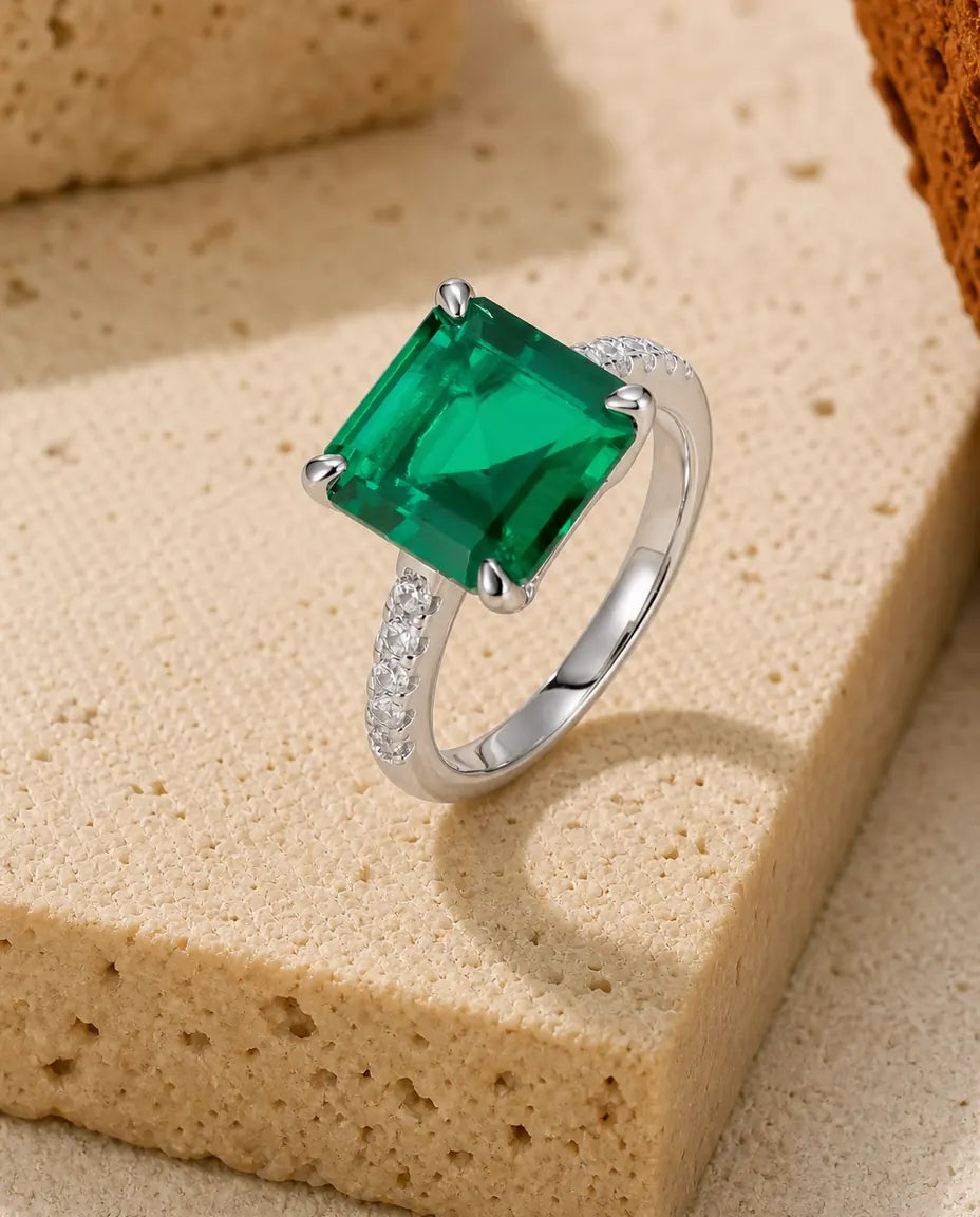 Lab emerald square solitaire ring in 925 sterling silver