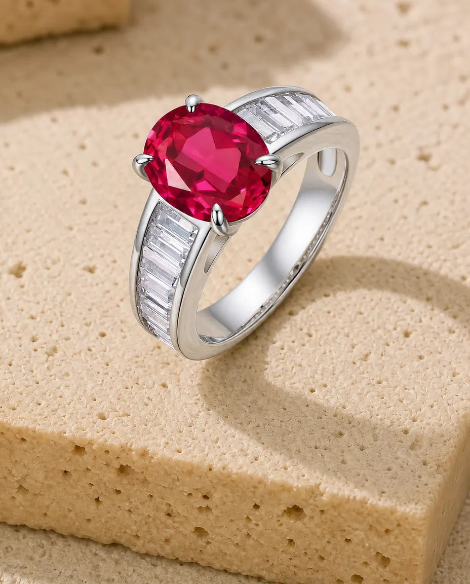 Lab ruby oval solitaire ring in sterling silver with baguette channel shoulders