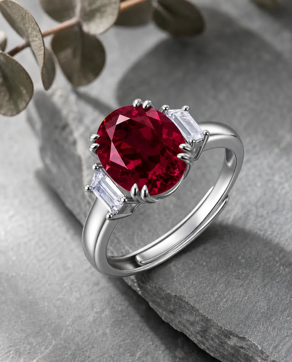 Lab ruby oval three stone adjustable ring in sterling silver with baguette CZ sides