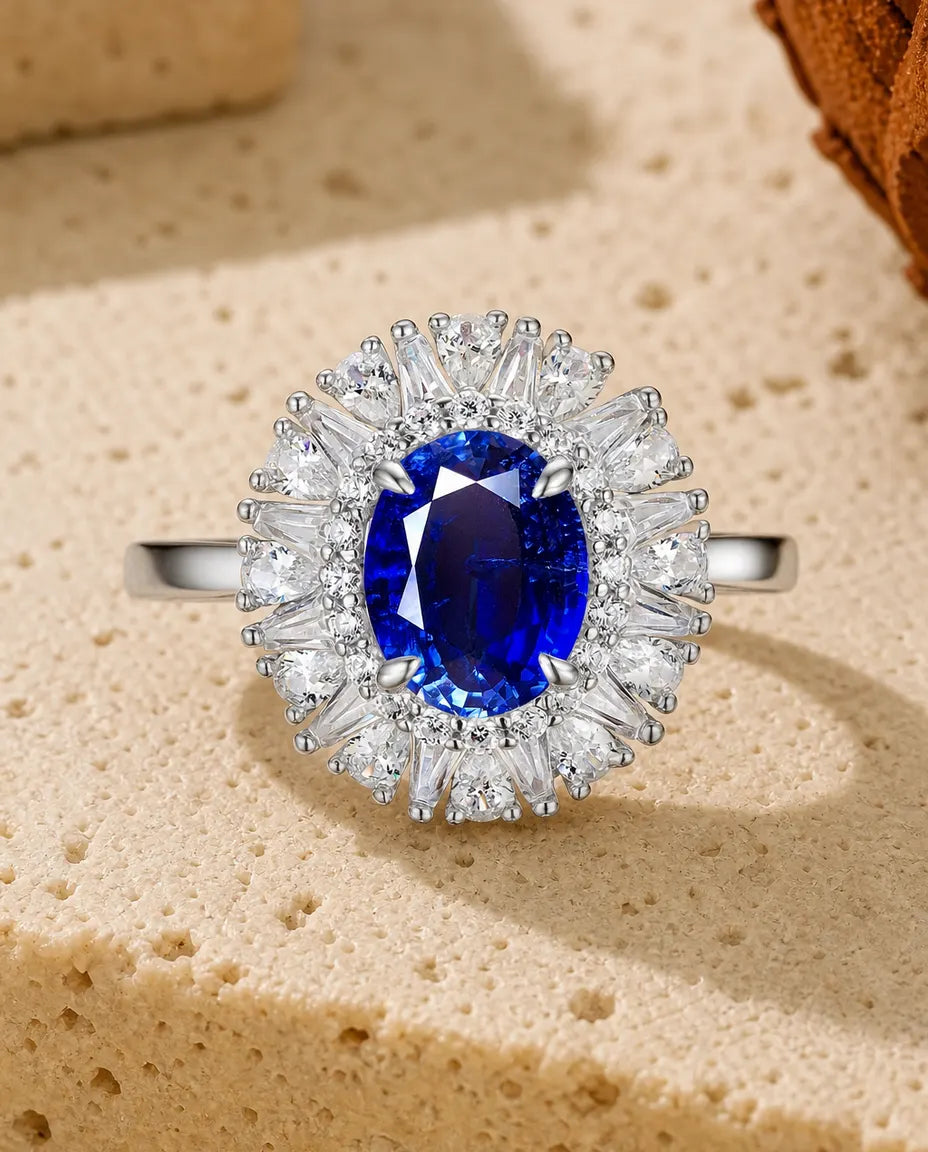 Lab sapphire oval halo adjustable ring in sterling silver with radiating baguette halo