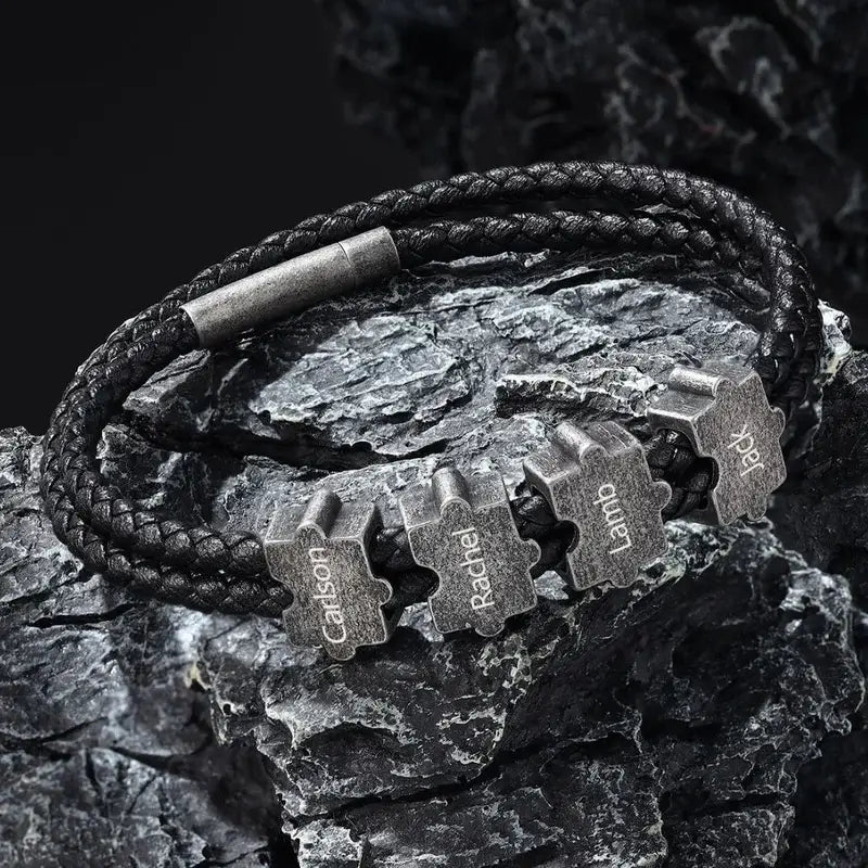 Men's Leather Bracelet – Personalized Puzzle Beads, Stainless Steel – Gift for Him, Dad, Boyfriend – Birthday, Anniversary