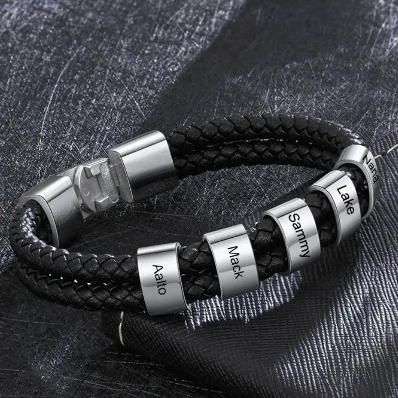 Personalized Men's Leather Bracelet – Black with Engraved Silver Name Beads, Stainless Steel – Gift for Him, Dad, Boyfriend