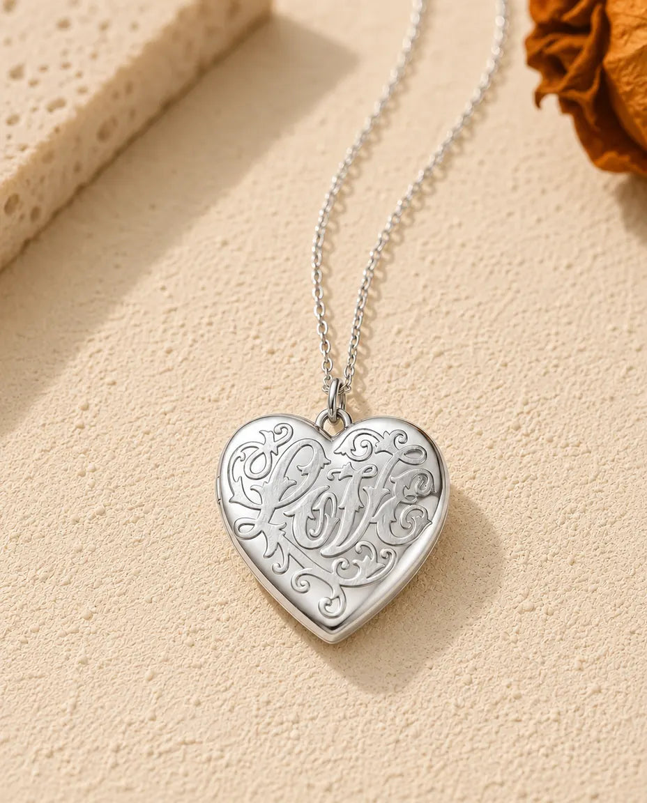 Personalized Photo Locket Necklace That Holds 2 Pictures - Love Script Heart Locket With Mother of Pearl Back, Silver or Gold