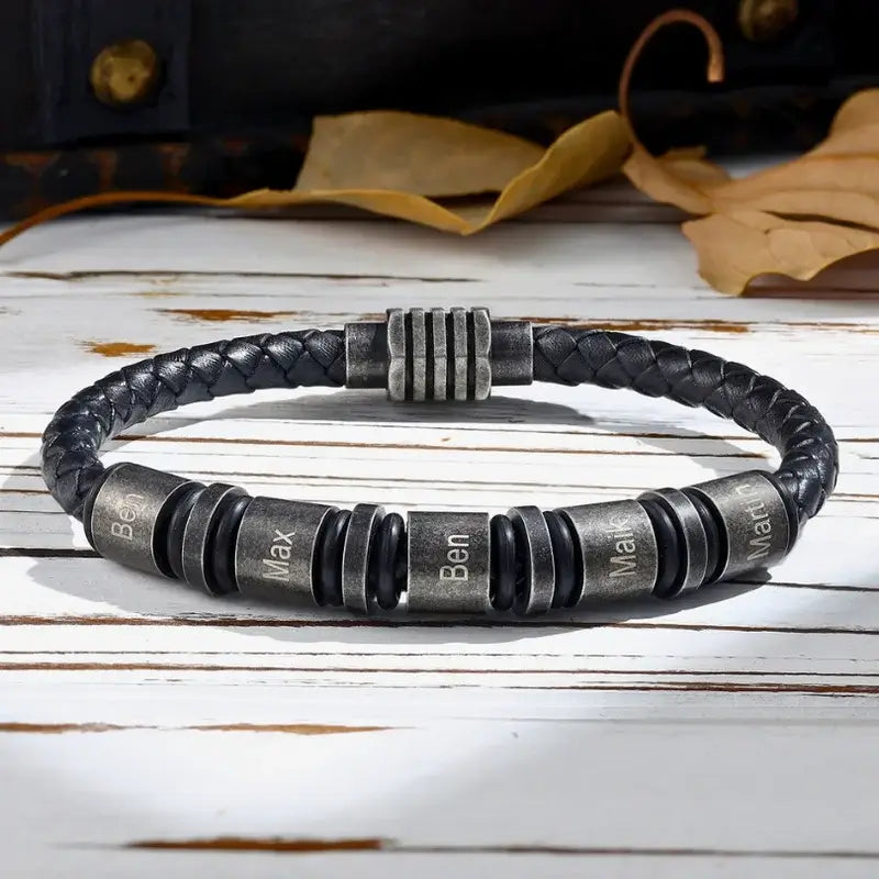 Personalized Men's Bracelet – Black Leather, Engraved Stainless Steel Name Beads for Dad, Father's Day & Birthday Gift