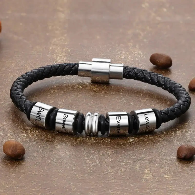 Personalized Name Engraved Men's Leather Bracelet – Black, Stainless Steel – Bracelet Gift for Him, Dad, Boyfriend, Birthday