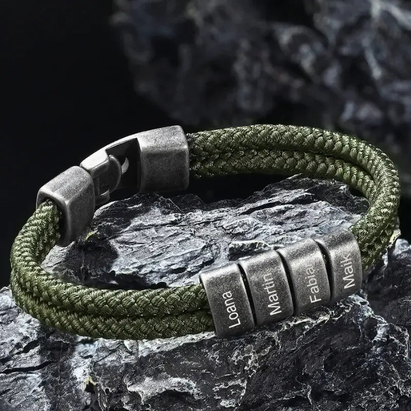 Personalized Men's Name Bracelet – Engraved Bracelet for Him, Stainless Steel and Nylon, Blackish Green, Gift for Dad, Boyfriend, Husband
