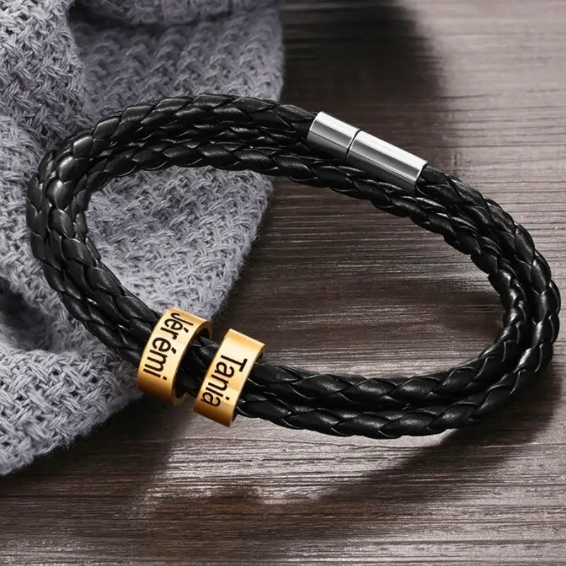 Personalized Men's Leather Bracelet – Black with 2-5 Engraved Gold Beads, Stainless Steel – Name Gift for Him, Dad, Birthday