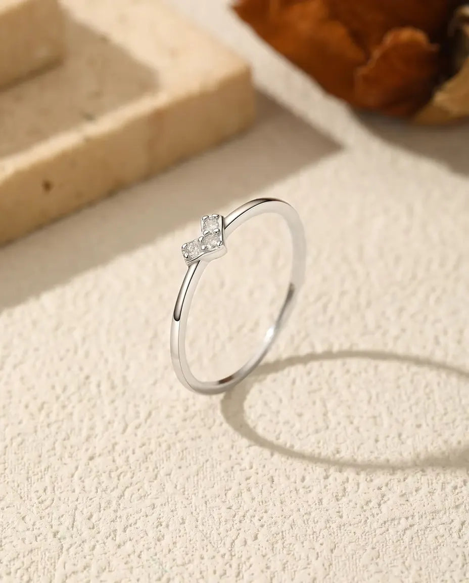 Moissanite V Ring - Three 1.5 mm Round Stones in a Chevron Cluster on a Slim 925 Sterling Silver Band, Sizes 5 to 9