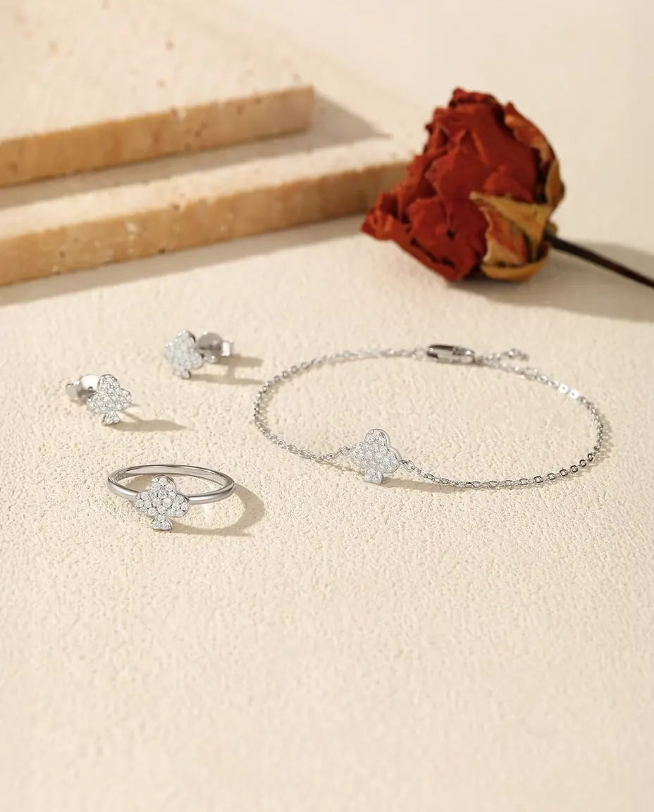 Moissanite Club Jewelry Set in 925 Sterling Silver - Pavé Club Charm Bracelet, Ring and Stud Earrings, Matching 3-Piece Gift Set for Her
