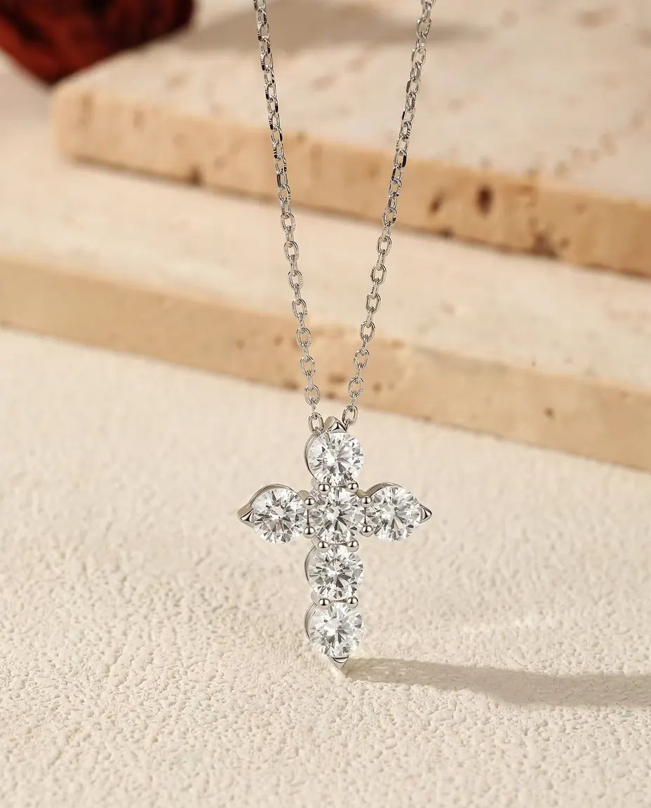 Moissanite Cross Necklace - Six 0.50 ct D Color Stones, 17.5 x 22.5 mm Pendant, 40+5 cm 925 Sterling Silver Chain