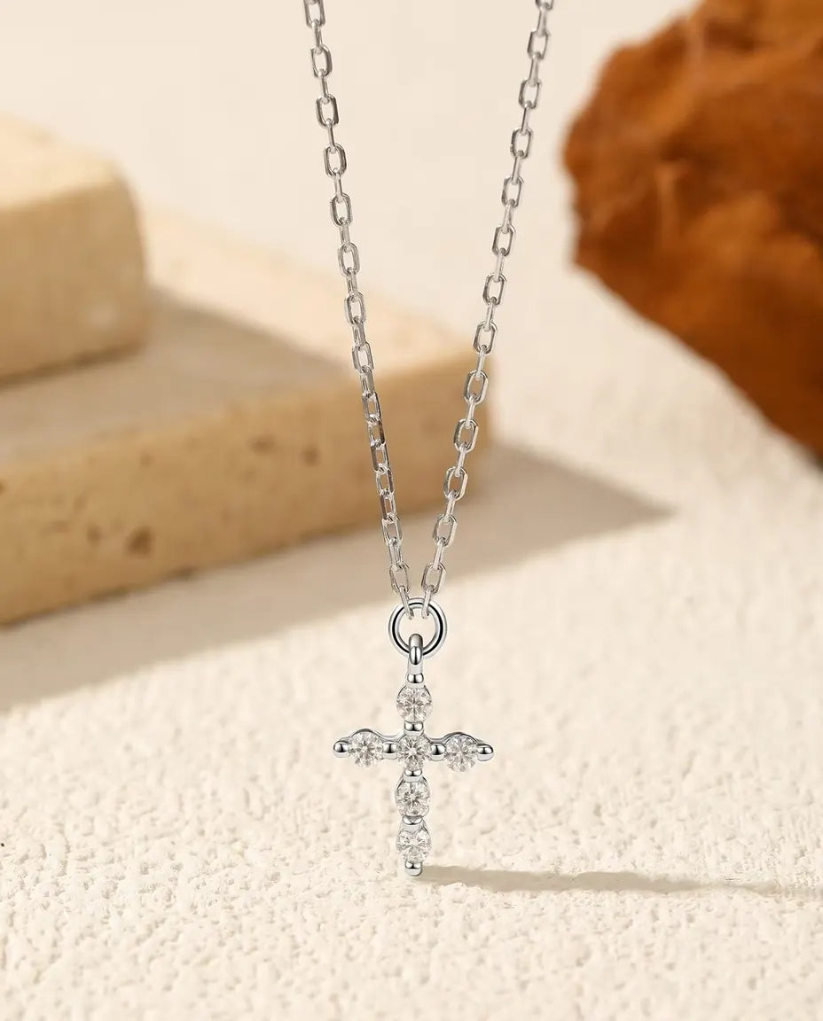 Moissanite Cross Pendant Necklace - Six D Color Stones in 925 Sterling Silver, 15.7 to 17.7 in Chain