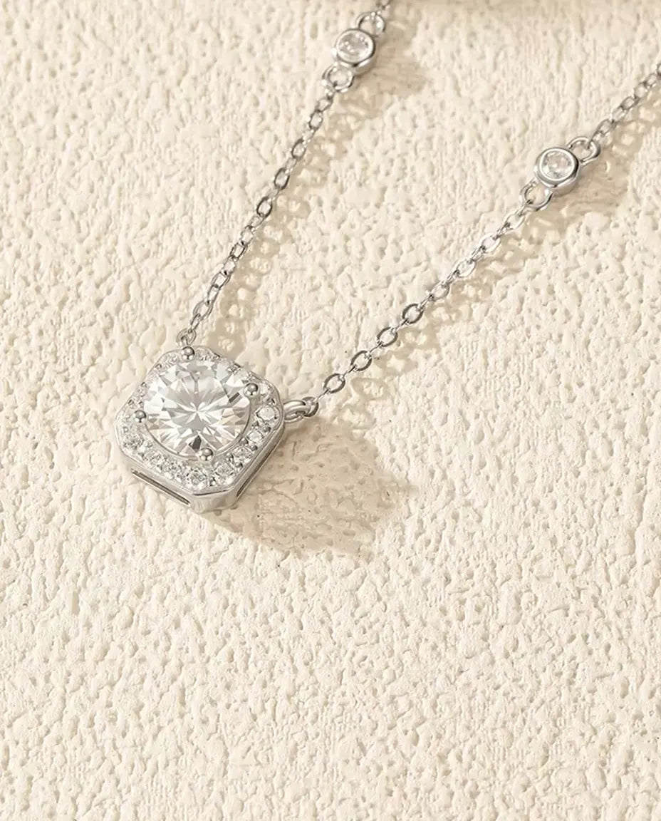 Moissanite Necklace for Women - 1 Carat D Color VVS1 Cushion Halo Pendant on Zirconia Station Chain, 925 Sterling Silver