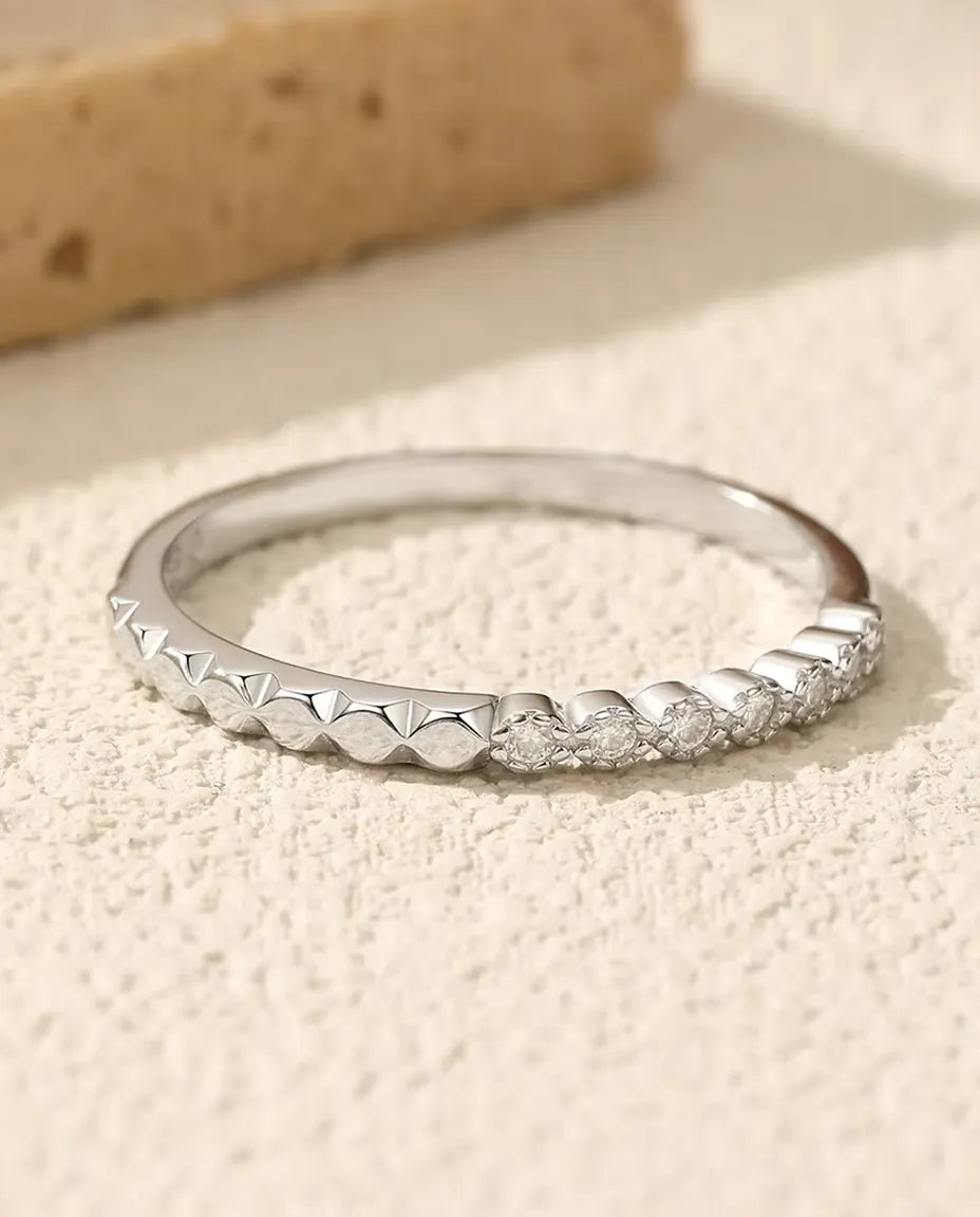 Moissanite Half Eternity Ring - Seven 1.3 mm D Color VVS1 Stones Beside a Row of Pyramid Facets, 925 Sterling Silver, Sizes 5 to 9