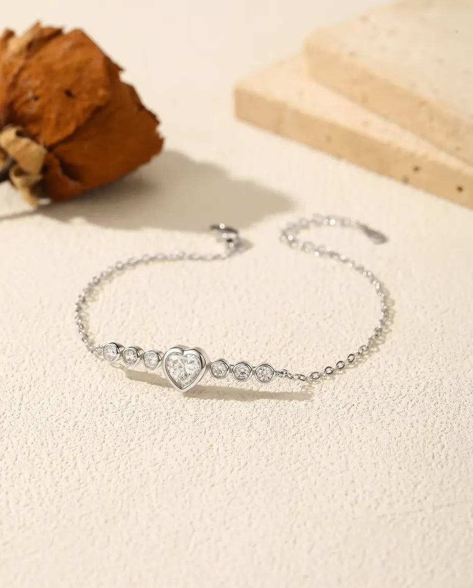 Moissanite Heart Bracelet – 0.8 ct Heart-Cut D Color Moissanite in 925 Sterling Silver, Dainty Bezel Chain for Women