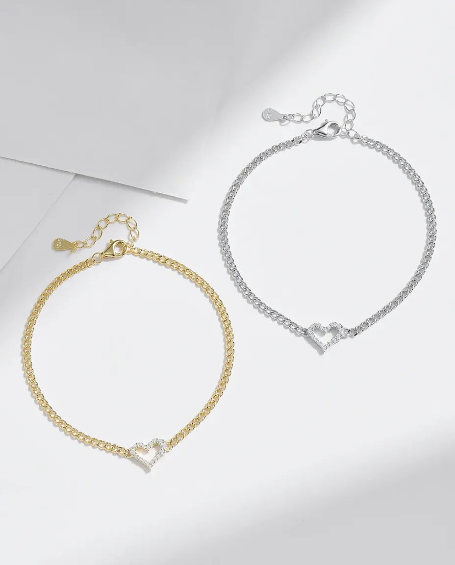 Moissanite open heart curb chain bracelet in silver or gold