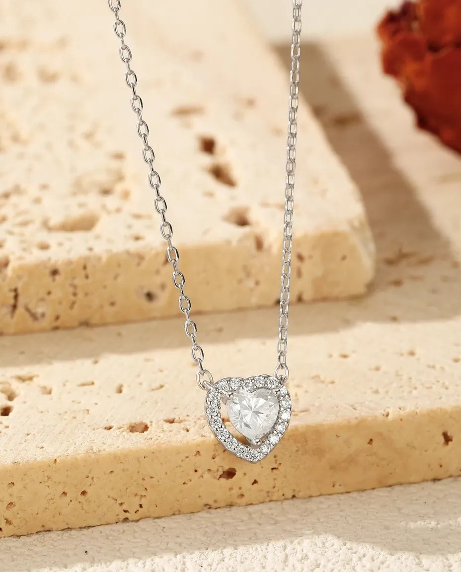 Moissanite heart necklace in 925 sterling silver, D color heart-cut halo pendant for women