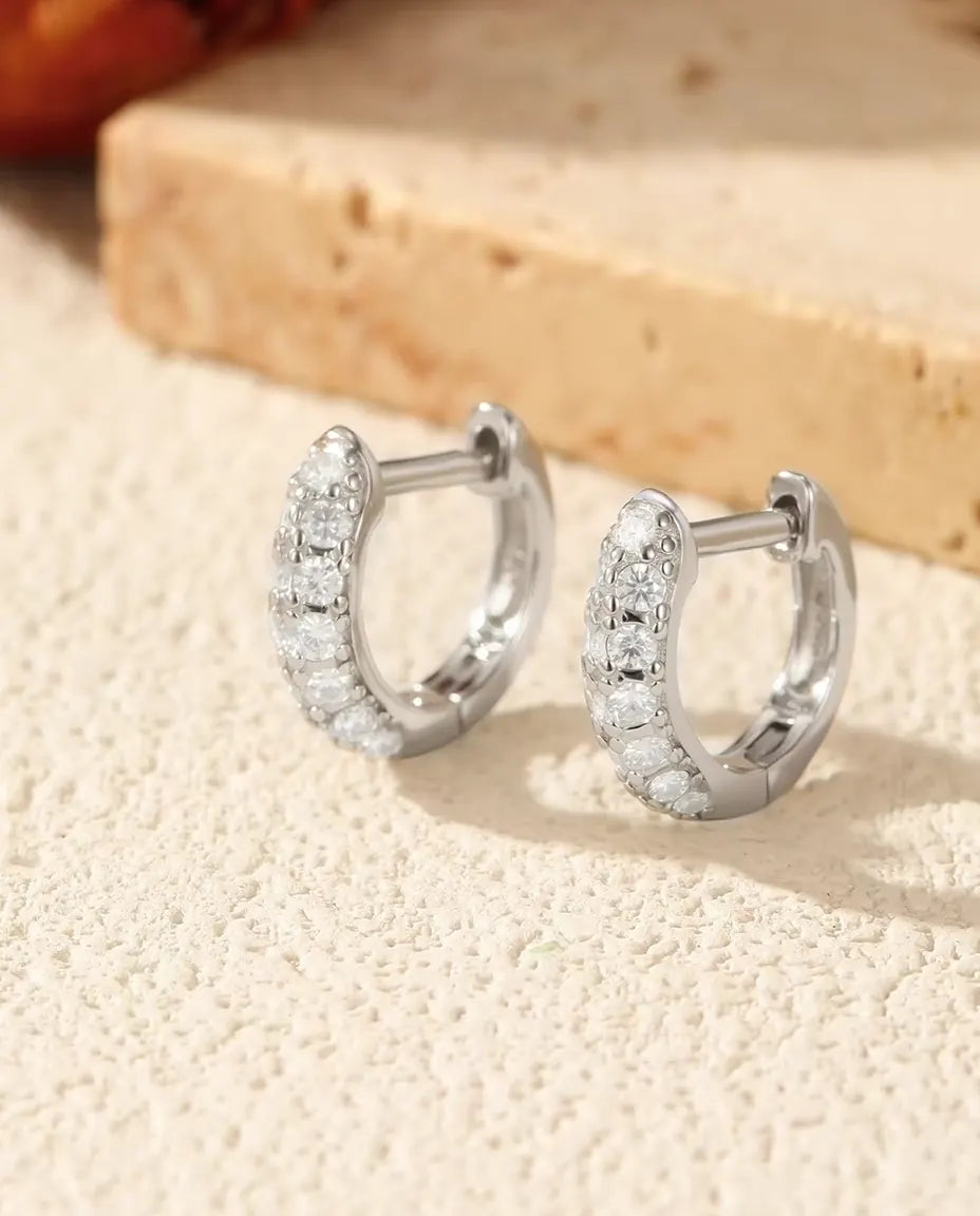 Moissanite Huggie Hoop Earrings for Women - Pave Set D Color Moissanite on 11 mm Huggies, 925 Sterling Silver