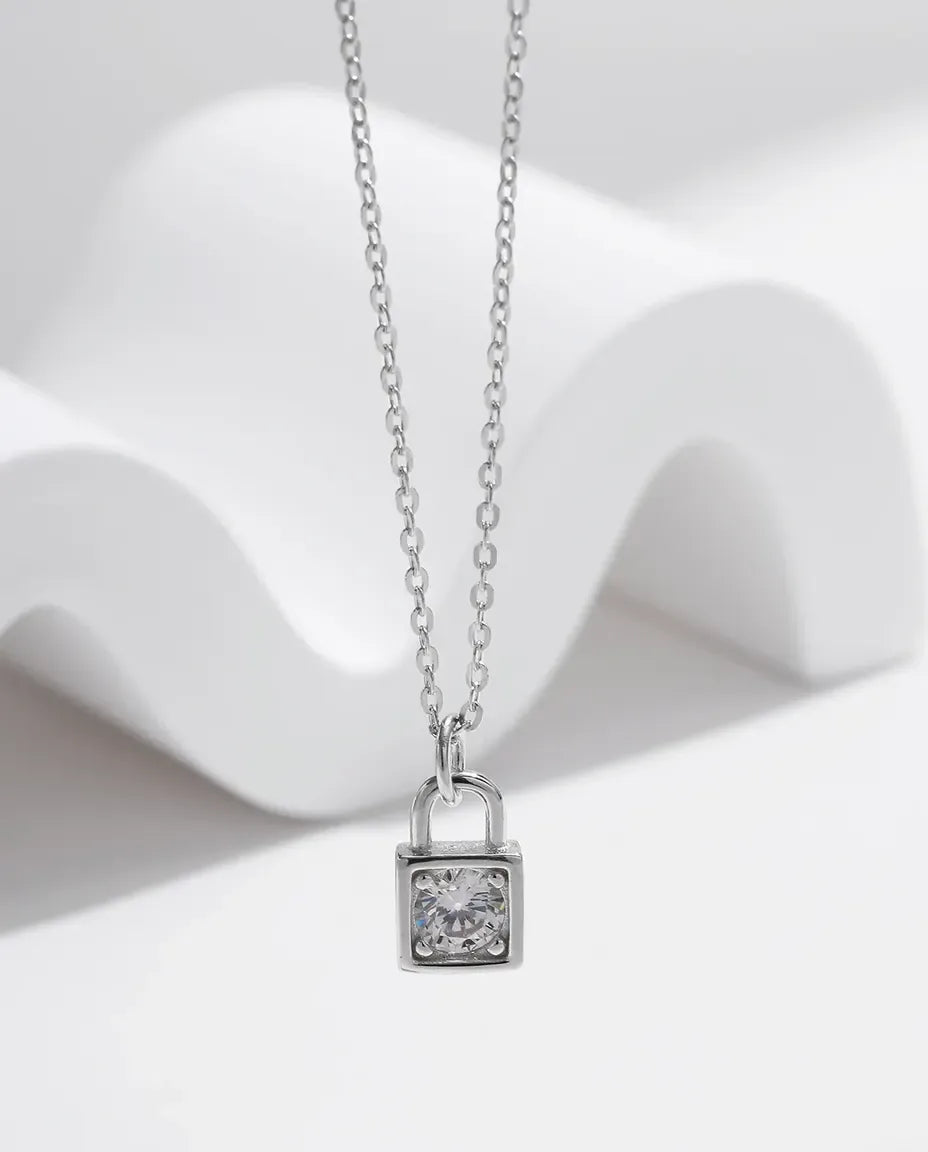 Moissanite Lock Pendant Necklace – 0.5ct D Color Padlock Charm in 925 Sterling Silver
