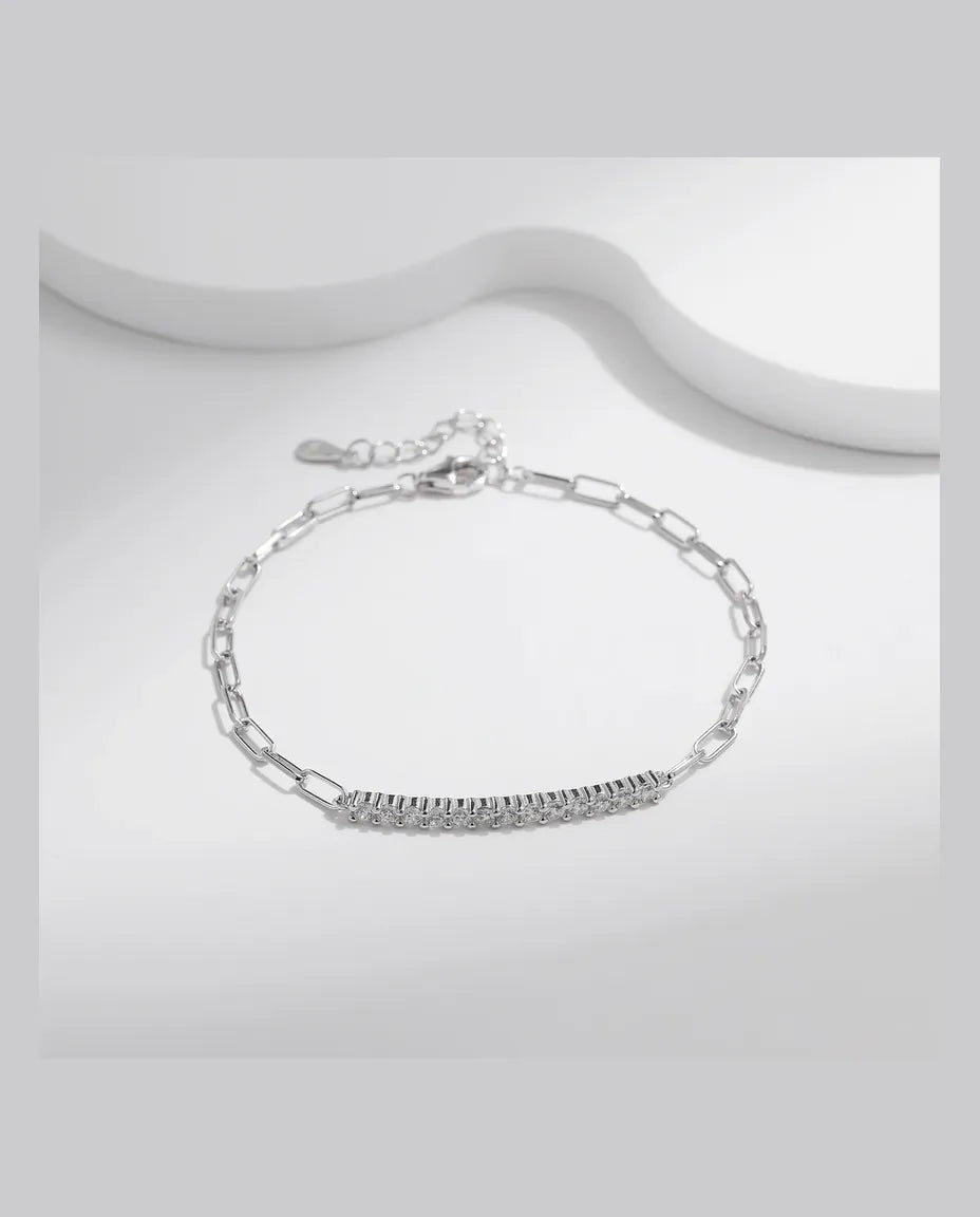 Moissanite pave bar bracelet on paperclip chain in 925 sterling silver