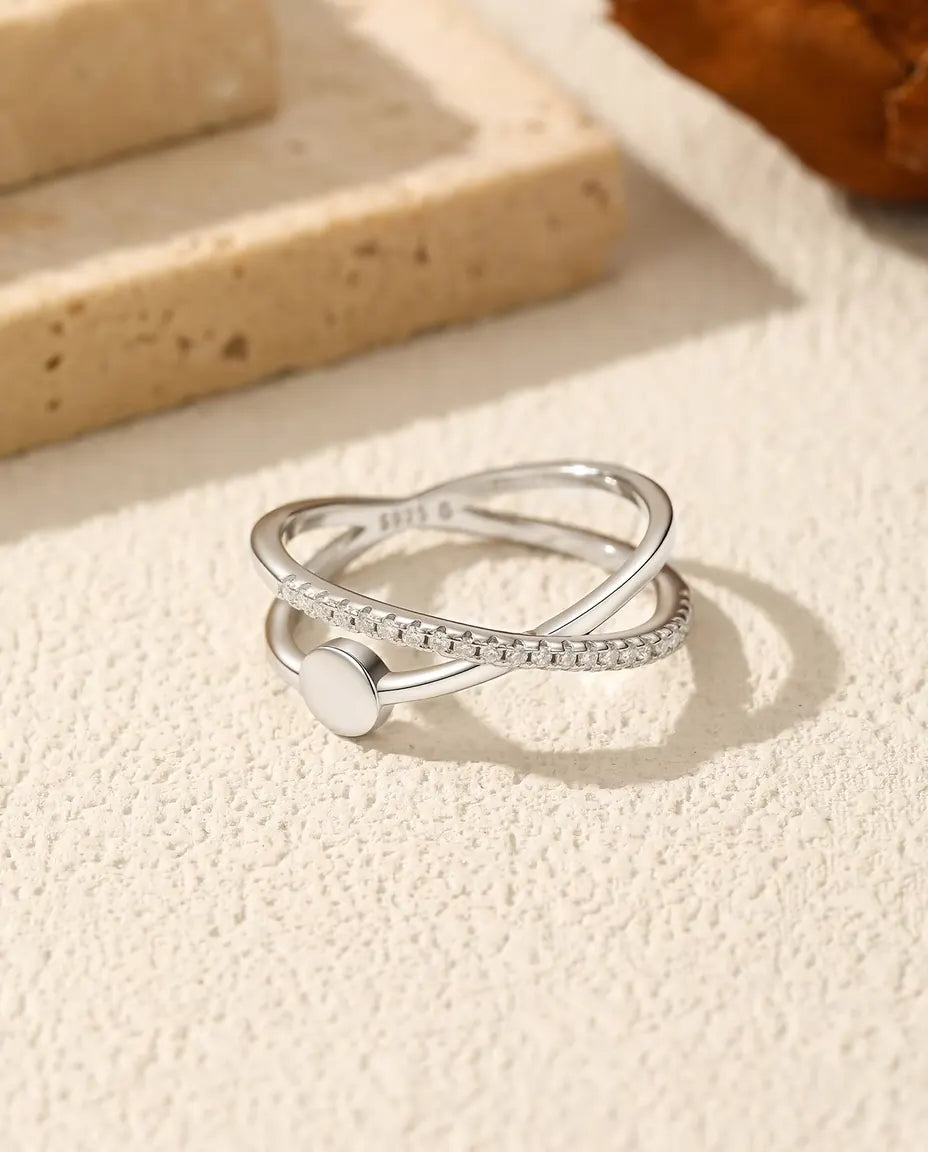 Moissanite X Ring - Pave Criss-Cross Band with a 4.5 mm Polished Disc in 925 Sterling Silver, Sizes 5 to 9