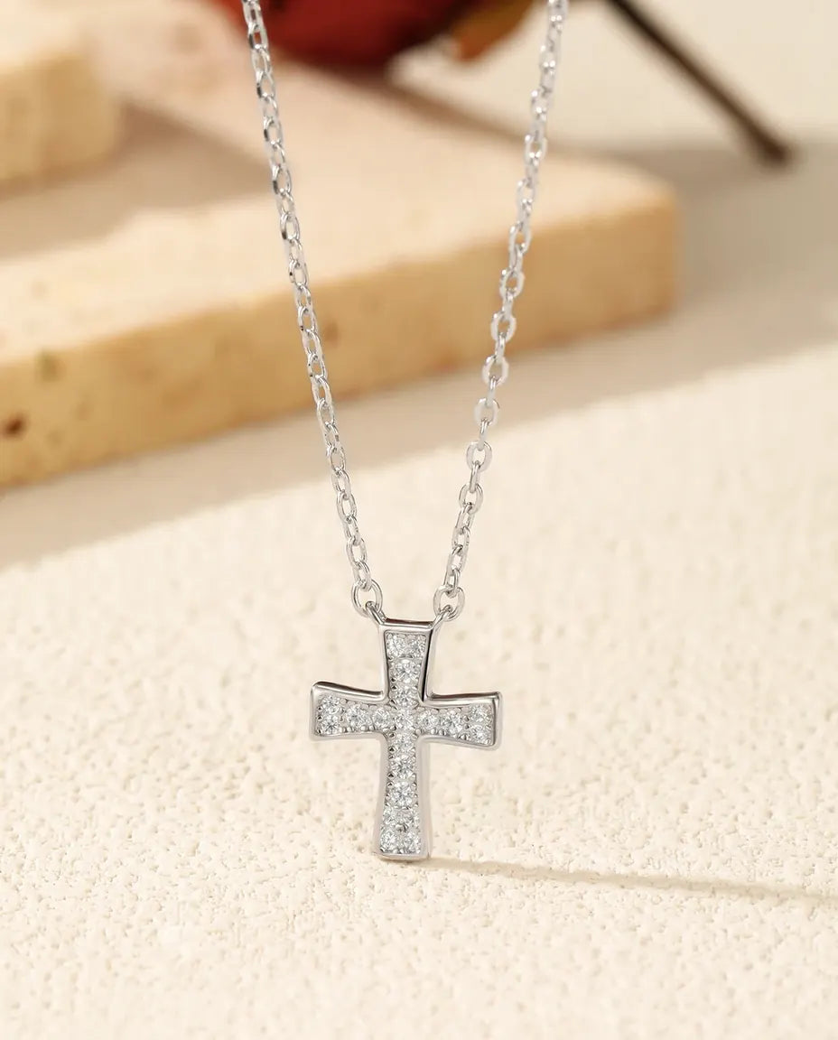 Moissanite Cross Necklace – D Color VVS1 Pavé Cross Pendant in 925 Sterling Silver, Faith