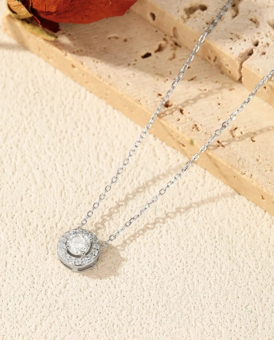 Moissanite Halo Necklace – 0.5ct D Color Round Pendant with Pavé Halo in 925 Sterling Silver